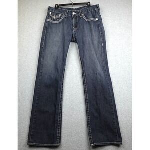 True Religion Straight Jeans Mens 34 Blue Medium Wash Flap Pockets White Stitch